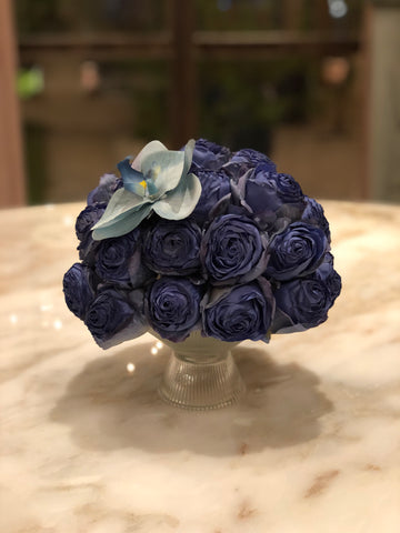 Silk Faux Blue Rose Arrangement with Glass Stand