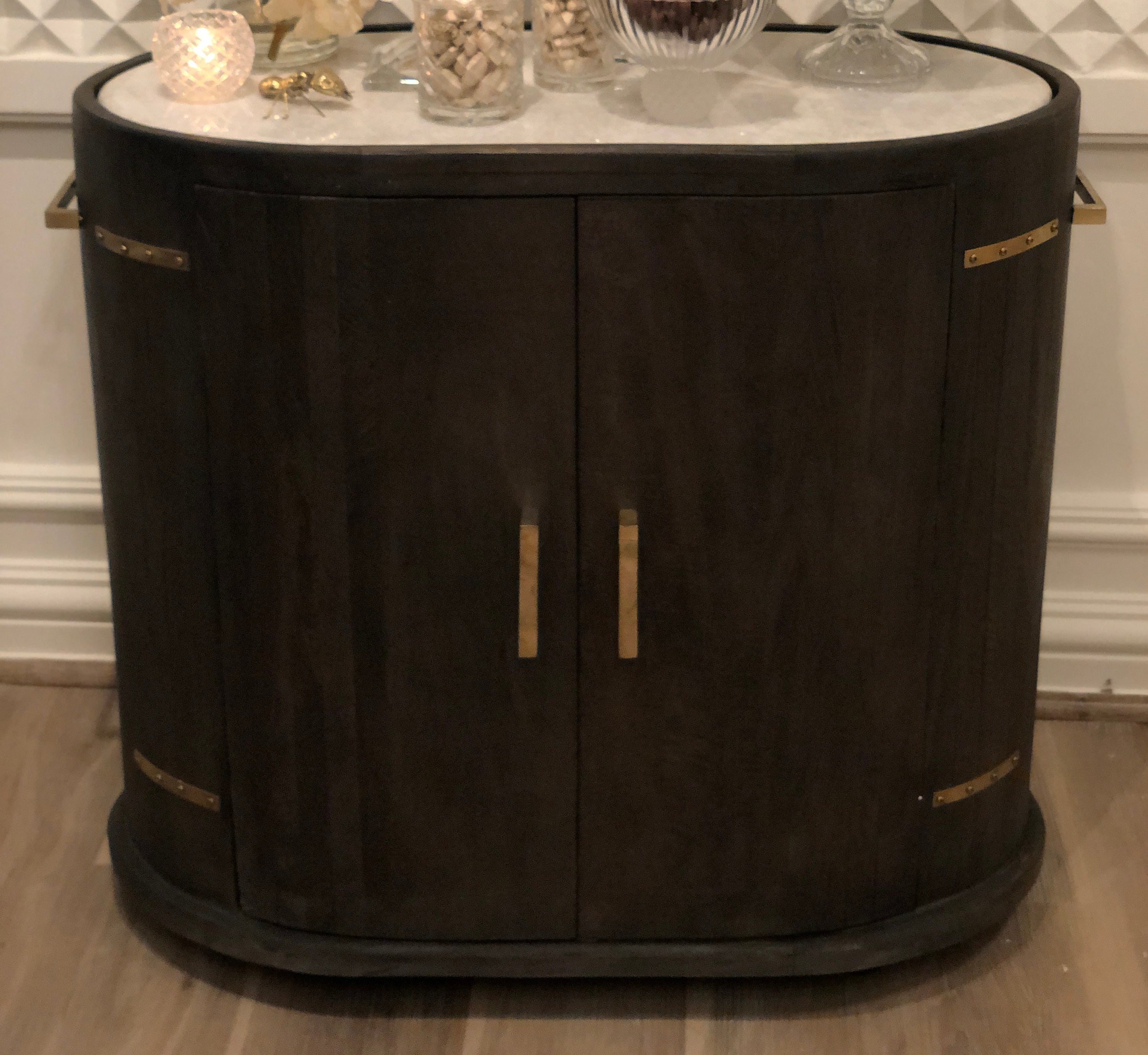 Ash Wood Serving Trolley with Exotic Italian Marble Top & Classic Crystal Pieces Set