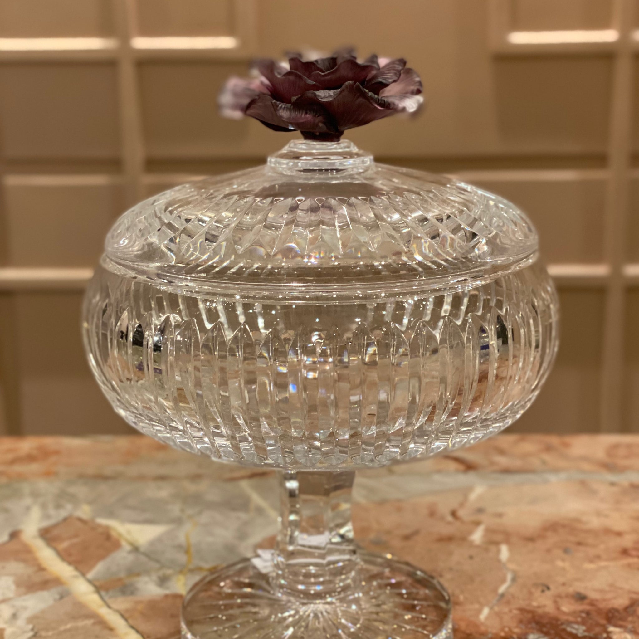 Mauve Fleur Footed Crystal Jar