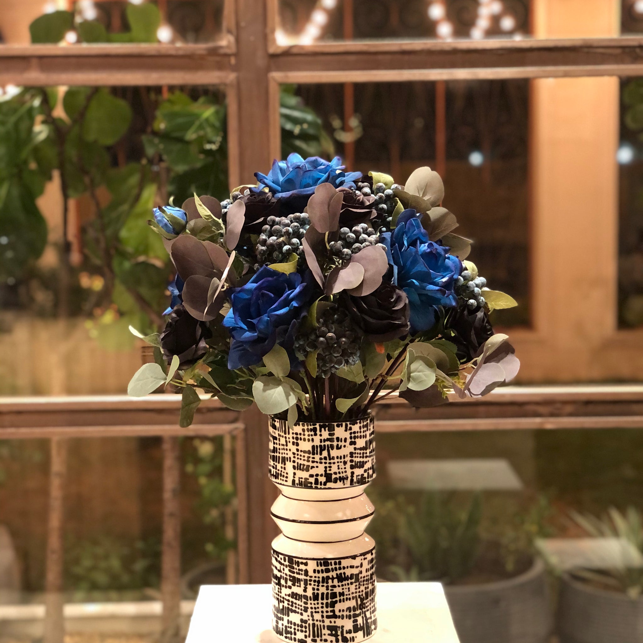 Silk Faux Ebony Flower Arrangement with Ceramic Vase