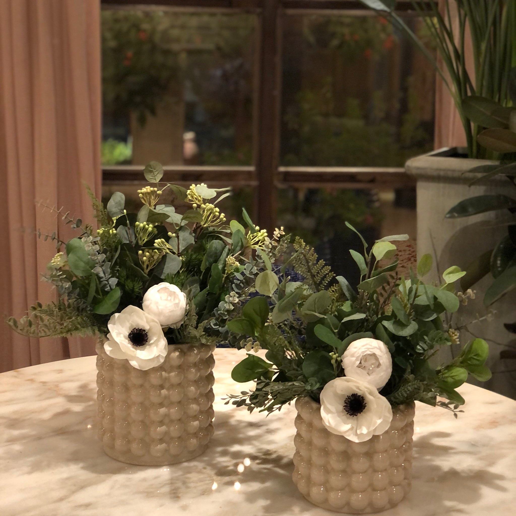 Silk Faux Myrtle Flower Arrangement with Porcelain Vase
