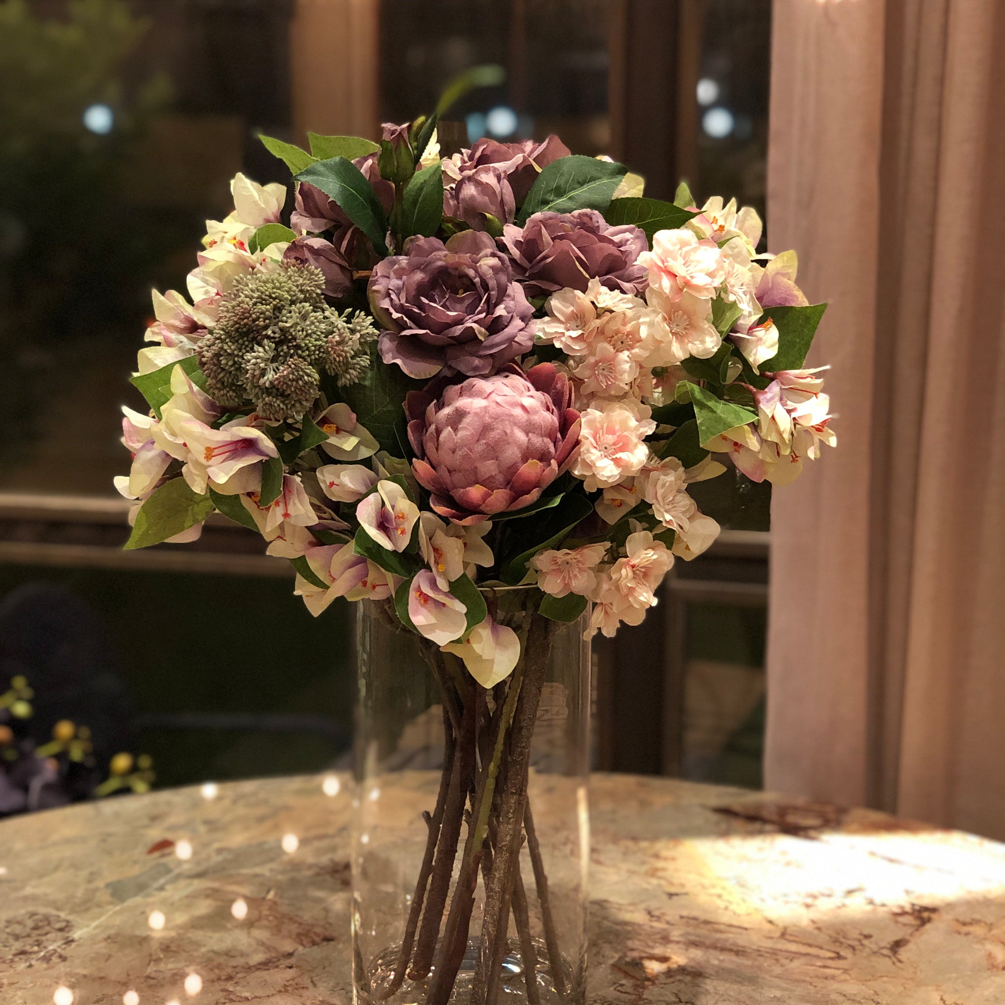 Silk Faux Royal Mauve Flower Arrangement in Gel
