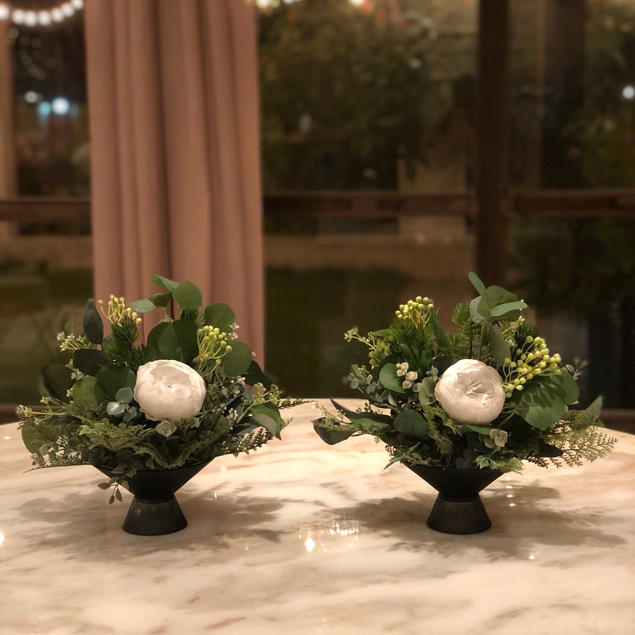 Silk Faux Myrtle Flower Arrangement in Black Glass Stand
