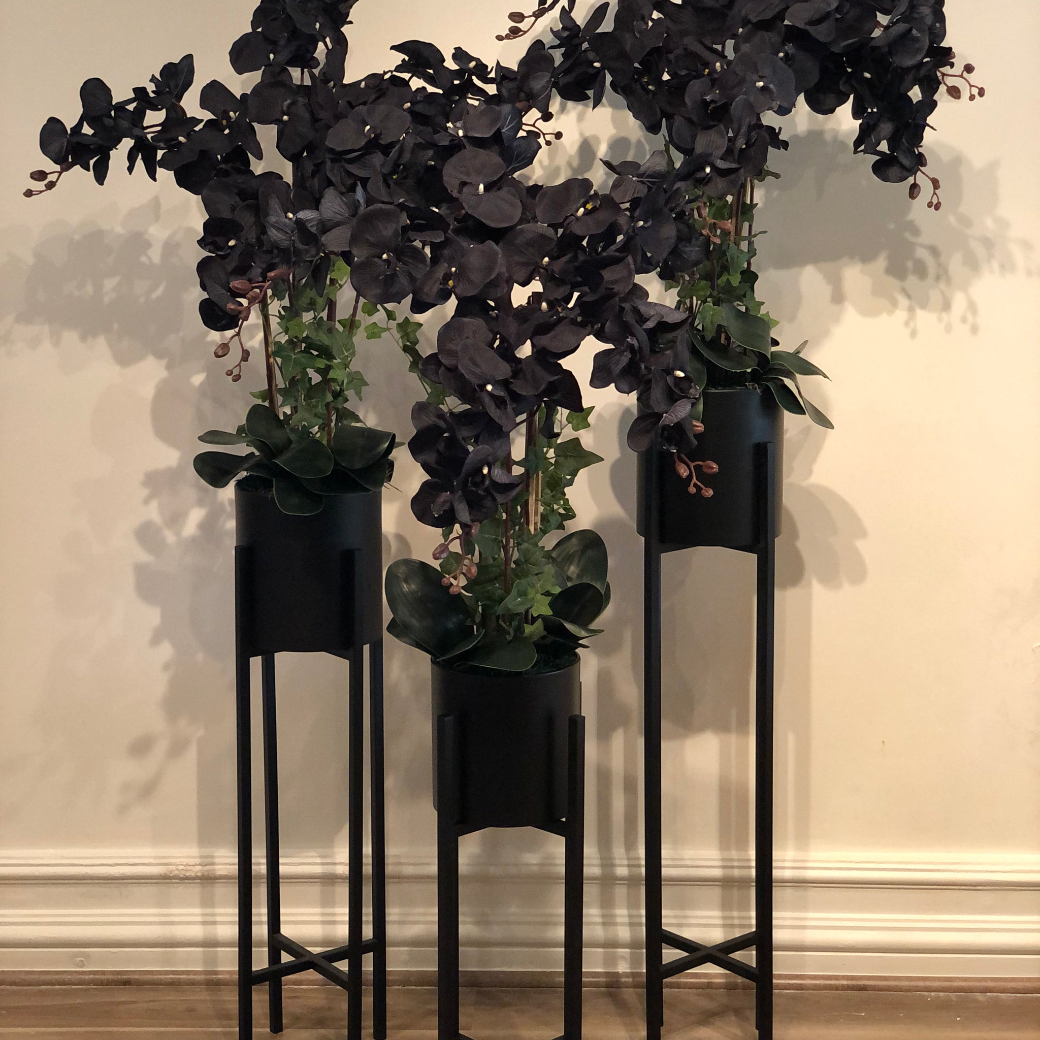 Spanish Silk Faux Black Orchid Arrangement with Matte Black Stand