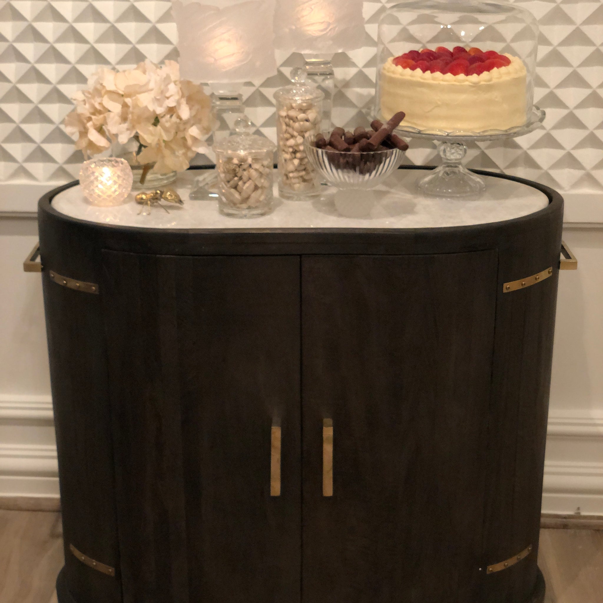 Ash Wood Serving Trolley with Exotic Italian Marble Top & Classic Crystal Pieces Set