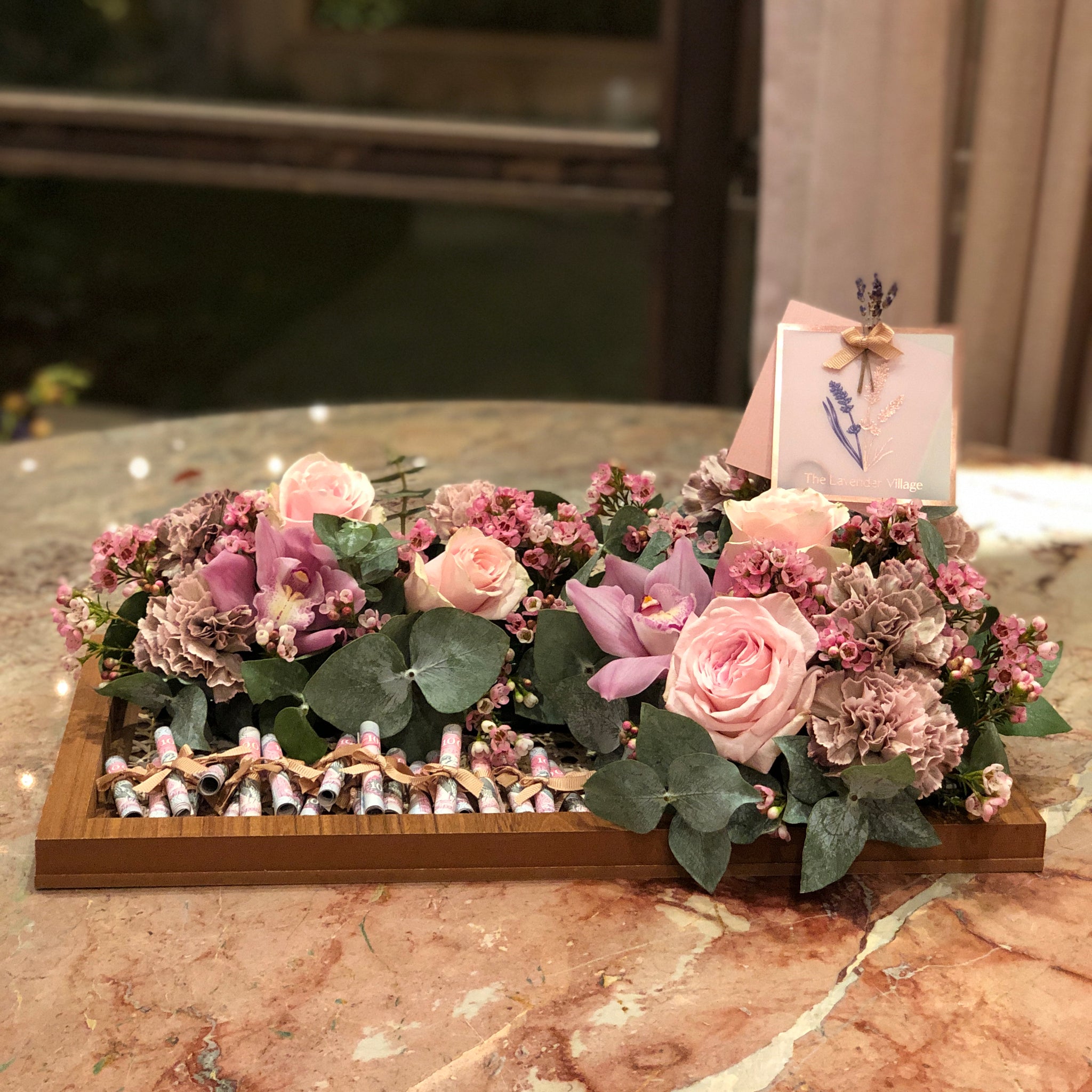 Money with Wooden Tray Arrangement