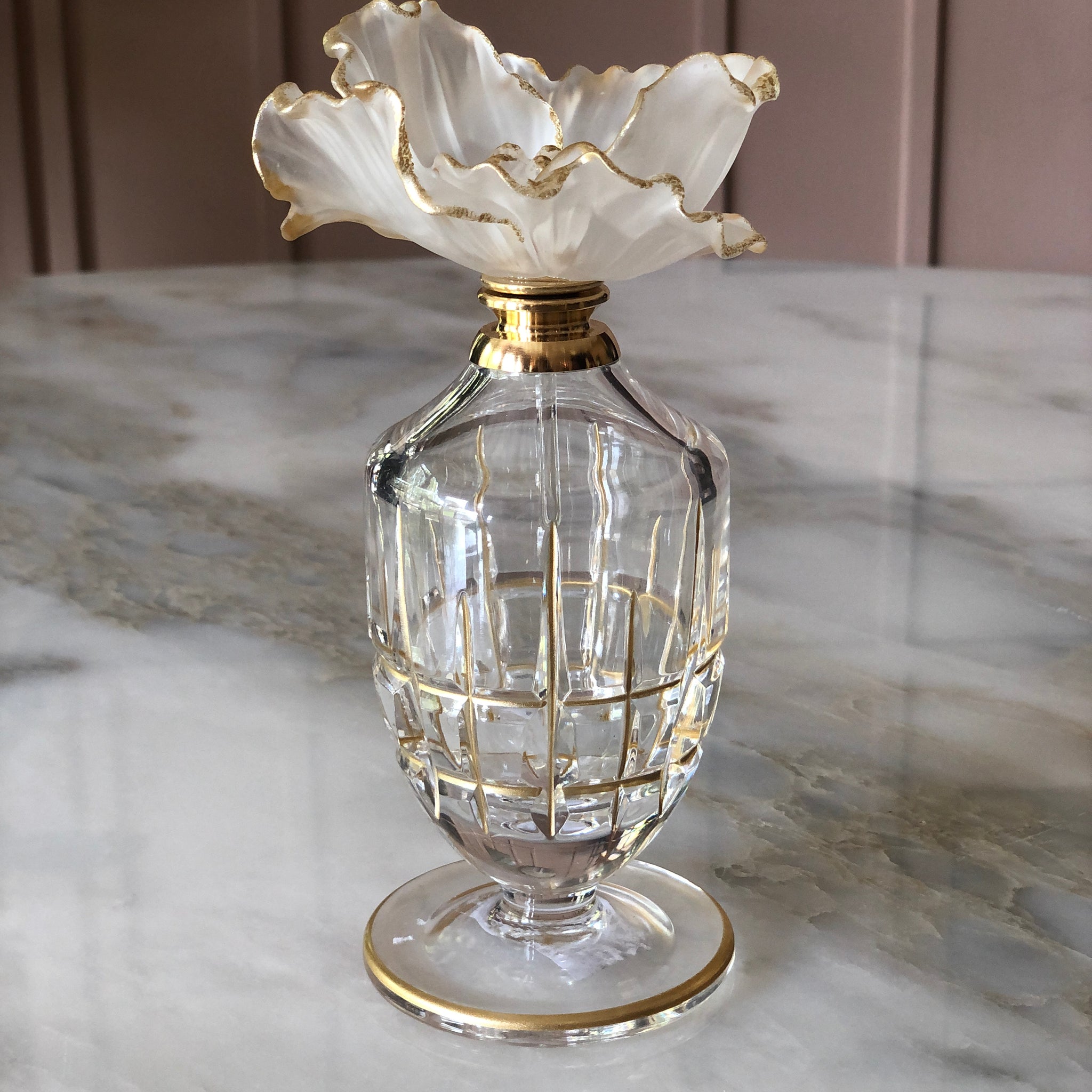 Frosted Fleur Crystal Perfume Bottle with Gold Lines