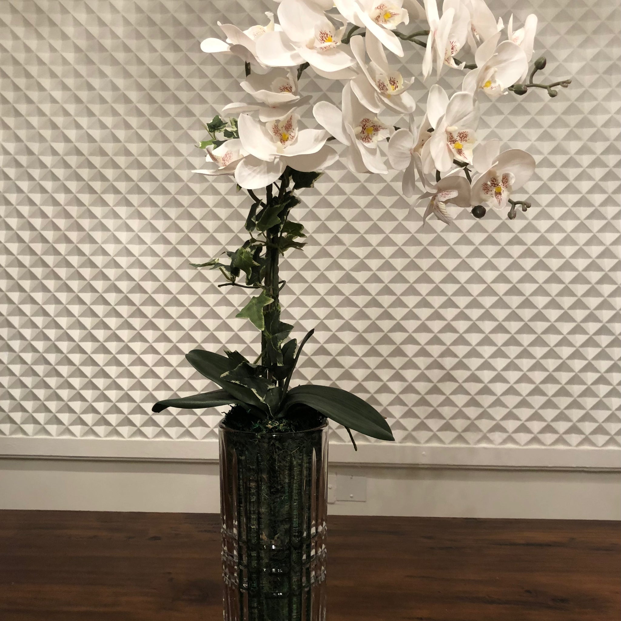 Silk Faux White Orchids Arrangement in Cylinder Vase