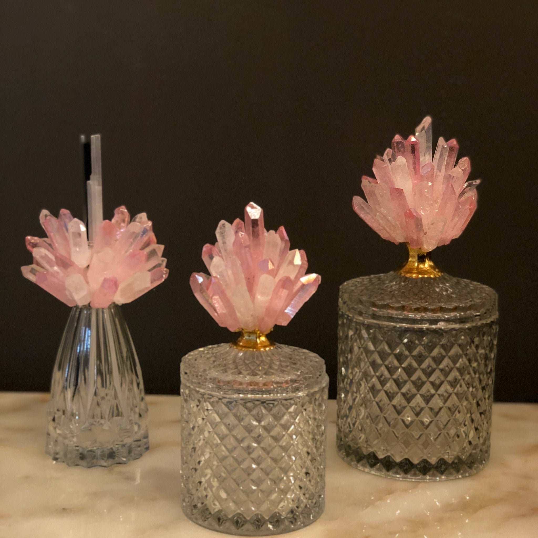 Jars and Diffuser Set with Pink/White Rock Crystal Handles Set
